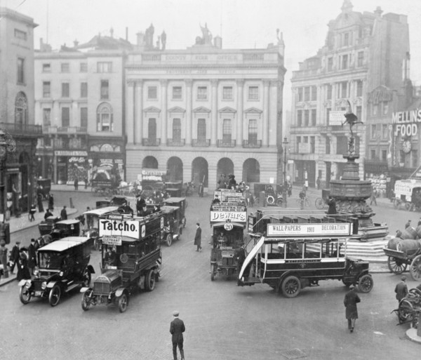Statue of Eros and traffic in Piccadilly Circus, Westminster, London, (c1910s?). Artist: Unknown