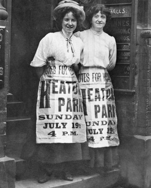 Mabel Capper and Patricia Woodlock advertising a meeting, Manchester, Lancashire, July 1908. Artist: Unknown