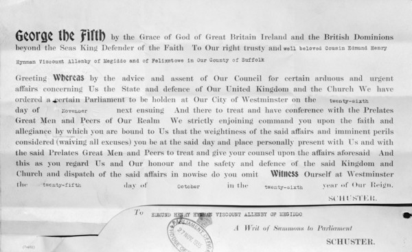 A writ of summons to Parliament, 1935. Artist: Unknown