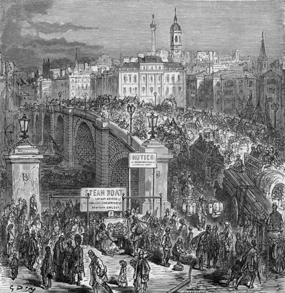 Busy scene on London Bridge, 1872.  Artist: Gustave Doré