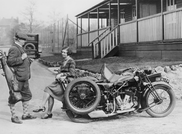 Golfers with a 1939 AJS and sidecar, (c1939?). Artist: Unknown