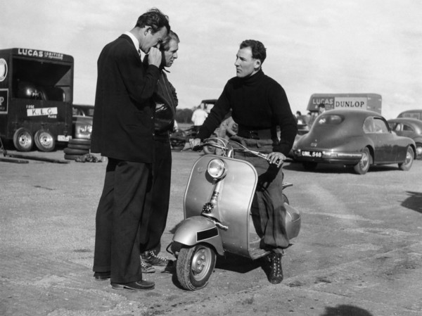Stirling Moss on a Vespa scooter, Goodwood, April 1952. Artist: Unknown