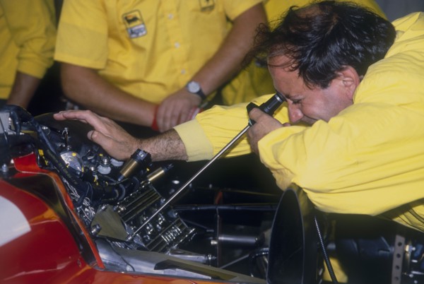 Mechanic at work in the Ferrari pits, 1988. Artist: Unknown