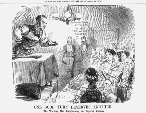 'One Good Turn Deserves Another. The Working Man Enlightening the Superior Classes', 1858. Artist: Unknown