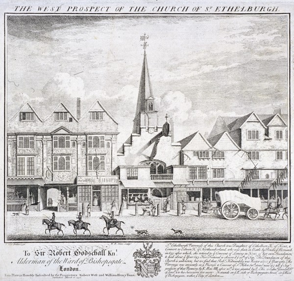 St Ethelburga-the-Virgin within Bishopsgate, London, 1736. Artist: William Henry Toms