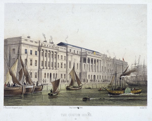 Custom House and River Thames, London, 1854. Artist: Louis Julien Jacottet