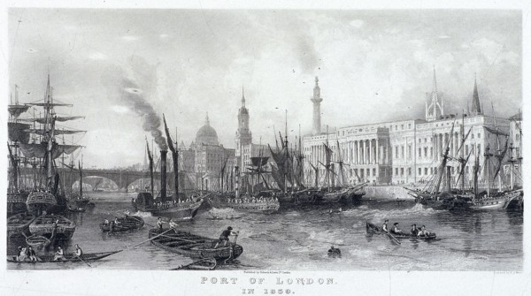 Custom House and River Thames, 1839. Artist: Frederick James Havell