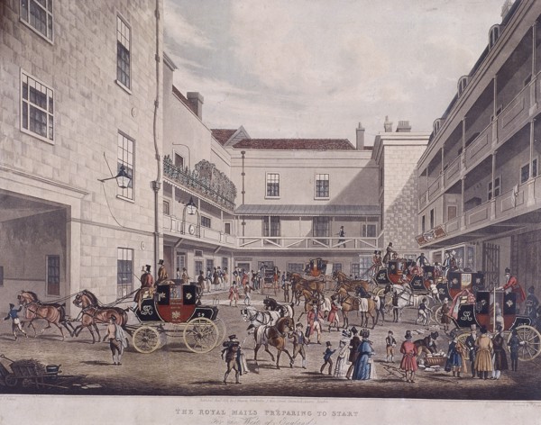 Royal Mail Coaches at Lad Lane, London, 1831. Artist: F Rosenberg