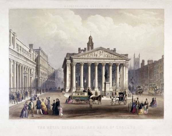 Royal Exchange and the Bank of England on the left, London, 1851. Artist: Thomas Picken