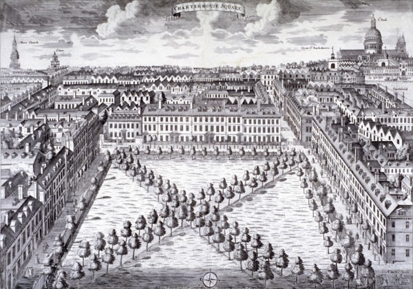 Bird's-eye view of Charterhouse Square, Finsbury, London, c1750. Artist: Sutton Nicholls