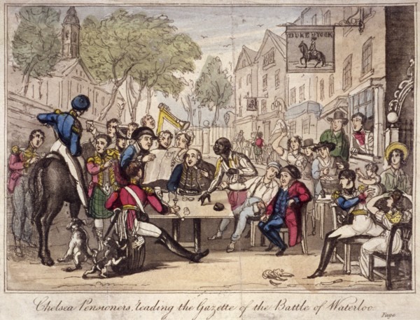 Chelsea Pensioners reading the gazette of the Battle of Waterloo, Chelsea, London, 1815 Artist: Anon