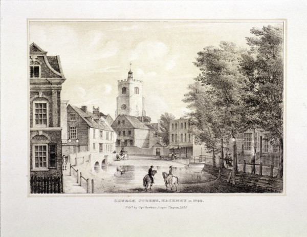 Church Street in 1790, Hackney, London, 1835. Artist: Anon