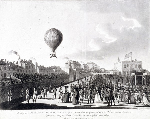 Vincenzo Lunardi's balloon ascending from Artillery Ground, City Road, Finsbury, London, 1784. Artist: Francis Jukes