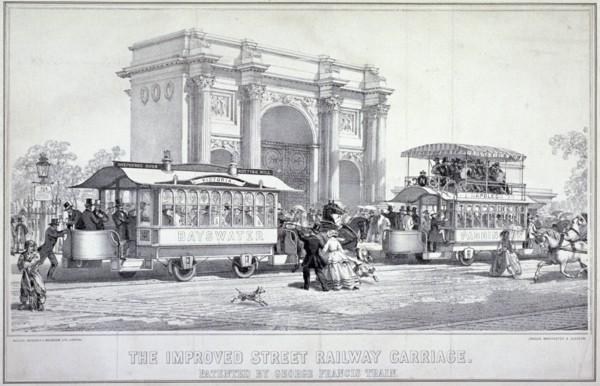 Marble Arch and street trams, London, 1860. Artist: Macdonald