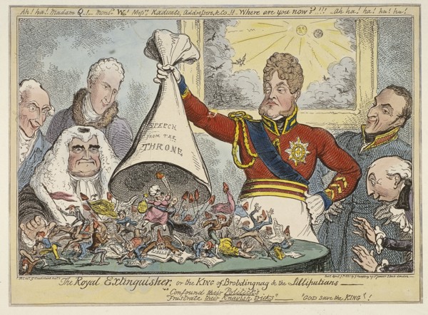 'The Royal Extinguisher, or the King of Brobdingnag & the Lilliputians', 1821. Artist: George Cruikshank