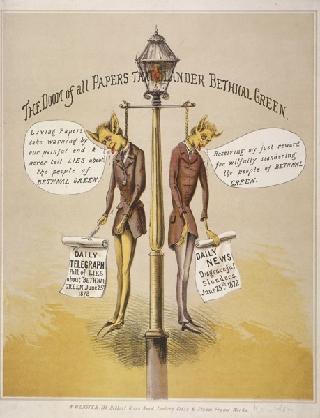 'The Doom of all Papers that Slander Bethnal Green', 1872. Artist: Anon