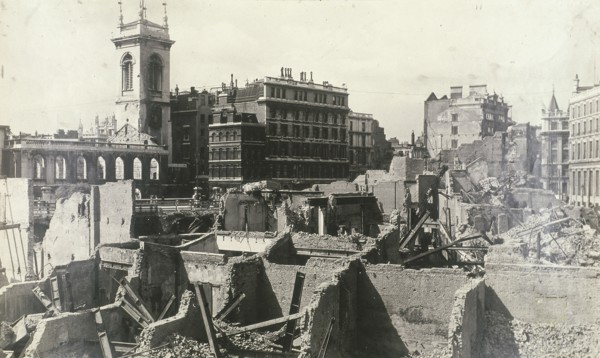 Holborn Viaduct, City of London, showing air raid damage, c1944. Artist: Anon
