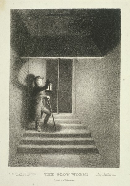 'The Glow Worm'; a watchman with his lantern in Lansdown Passage, Westminster, London, c1820. Artist: George Hayter