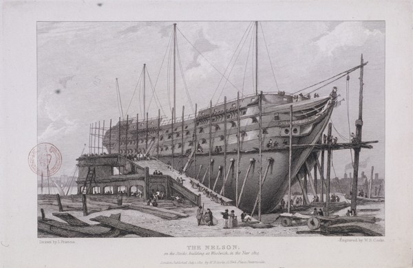 The 'Nelson' at the Royal Dockyard, Woolwich, London, 1815. Artist: William Bernard Cooke