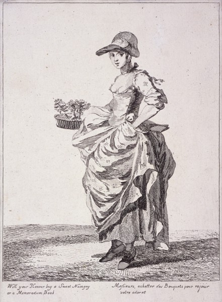 Nosegay and memo book seller, Cries of London, 1760. Artist: Paul Sandby