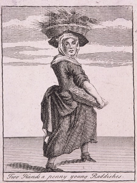 'Two Hands a penny young Raddishes', Cries of London, (c1688?). Artist: Anon