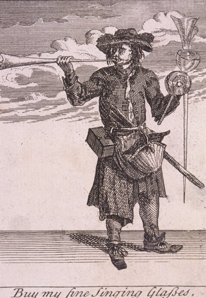 'Buy my fine Singing Glasses', Cries of London, (c1688?). Artist: Anon