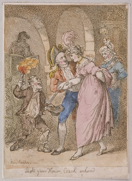 'Light your Honor Coach unhired'; scene at Covent Garden piazza,Cries of London, 1811. Artist: Anon