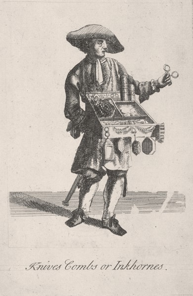 'Knives Combs or Inkhornes', Cries of London, c1688. Artist: Anon