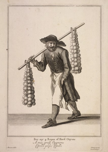 'Buy my 4 Ropes of Hard Onyons', Cries of London, (c1688?). Artist: Anon