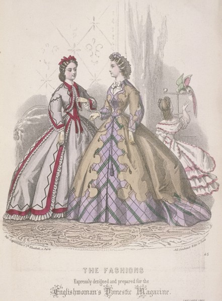 Two women and a child playing with a parrot model the latest fashions, 1864 Artist: Anon