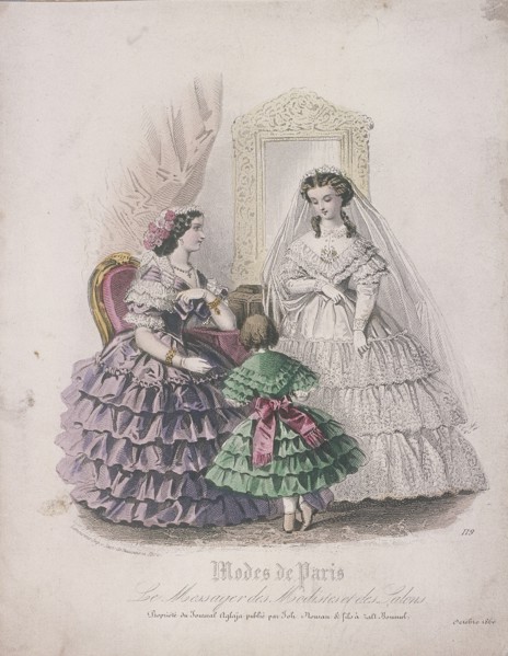 Two women and a child wearing the latest fashions, 1860. Artist: Anon