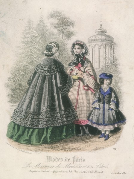 Two women and a child wearing the latest fashions in a garden setting, 1860. Artist: Anon