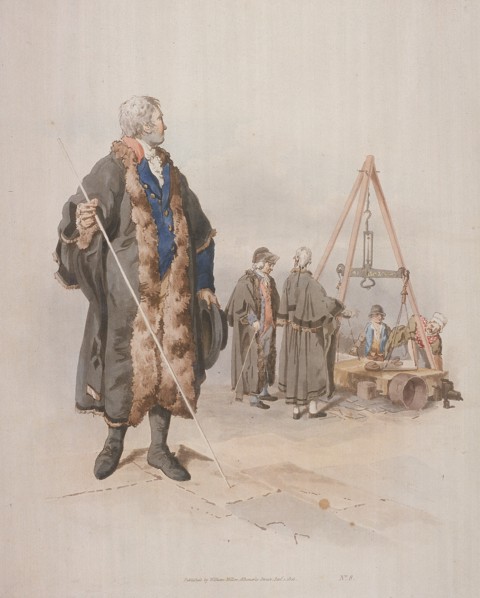 Ward Beadle in civic costume, holding a staff, at a Wardmote Inquest, 1805. Artist: William Henry Pyne