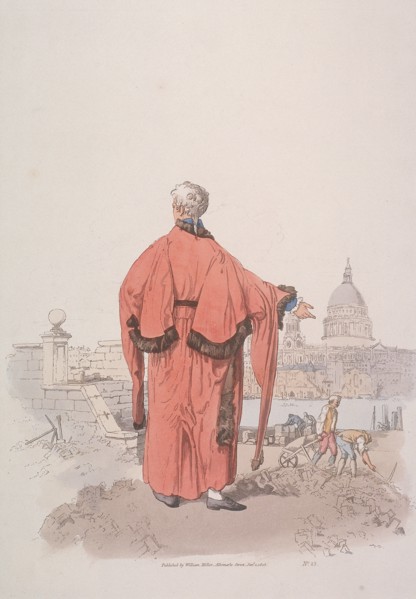 Alderman in civic costume looking towards St Paul's Cathedral, London, 1805. Artist: William Henry Pyne