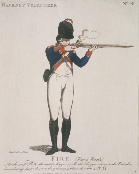 Hackney Volunteer firing a rifle, 1798. Artist: Anon