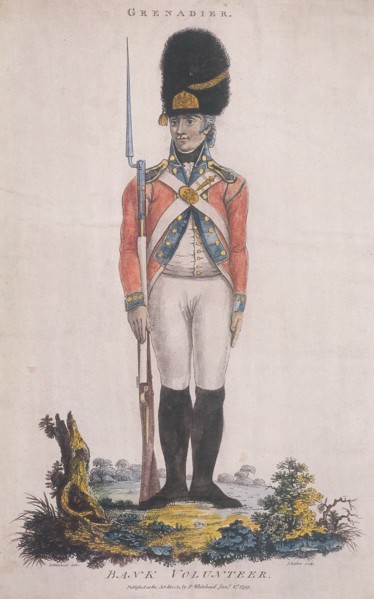 Grenadier in the Bank Volunteers, holding a rifle with a bayonet attached, 1799. Artist: John Barlow