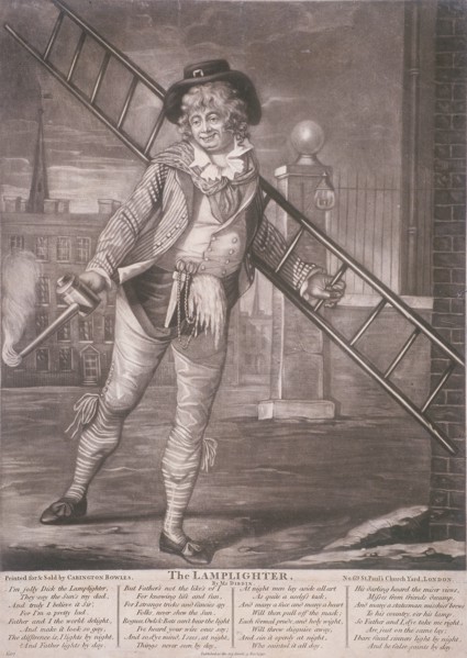 Lamplighter, 1790; with humorous text in the lower margin. Artist: Anon