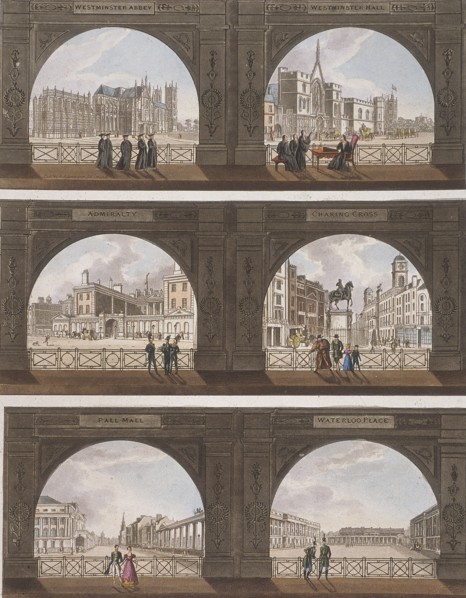Six views of London sites seen through an arch, c1820. Artist: Anon