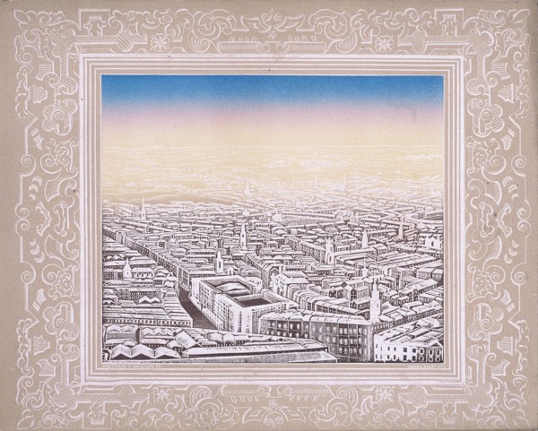 Aerial view of London with decorative border, c1845. Artist: Kronheim & Co