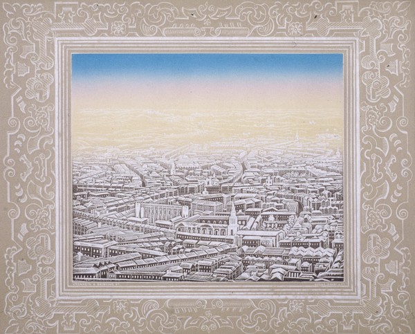 Aerial view of London with decorative border, c1845. Artist: Kronheim & Co