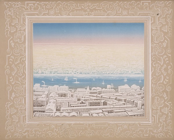 Aerial view of London with decorative border, c1845. Artist: Kronheim & Co