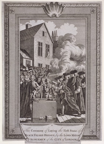 Laying the first stone of Blackfriars Bridge, London, 1760. Artist: Anon
