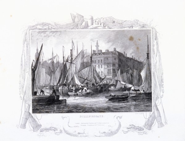 View of Billingsgate wharf with Three Tuns Public House, figures and boats, London, 1834. Artist: James Carter