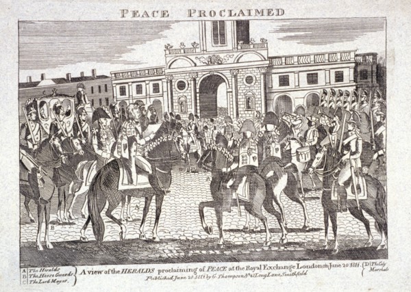 Heralds reading proclamation of peace, Royal Exchange, London, June 28th 1814. Artist: Anon