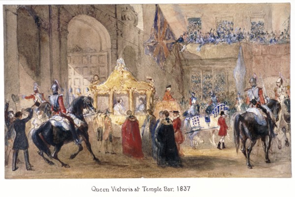 Queen Victoria at Temple Bar, London, 1837. Artist: Henry Warren