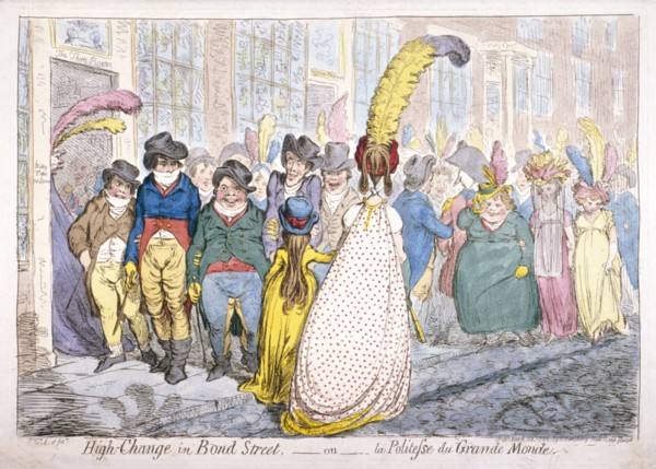 Five fashionably dressed men advance along Old Bond Street, Westminster, London, 1796. Artist: James Gillray