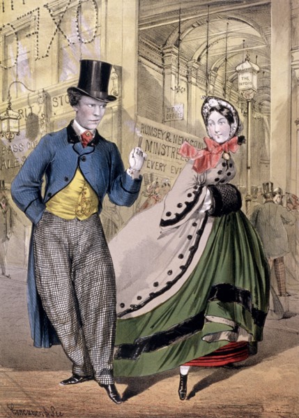 A lady and a gentleman by the entrance to the Oxford Music Hall, Oxford St, Westminster, c1860. Artist: Concanen & Lee