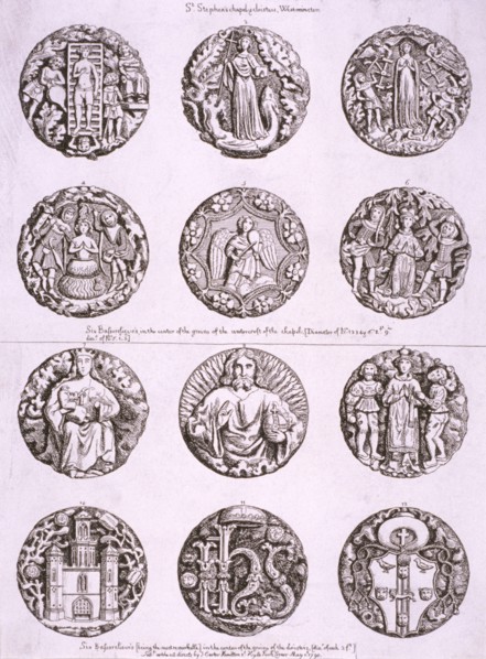 Six bosses on the vaulting of the undercroft and cloisters of St Stephen's Chapel, 1790. Artist: Anon