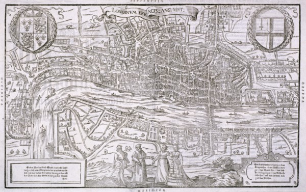 Map of the City of London and City of Westminster with four figures in the foreground, (c1572?). Artist: Anon