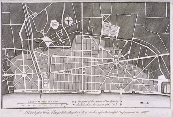 Proposed plan for the rebuilding of the City of London after the Great Fire in 1666. Artist: Anon